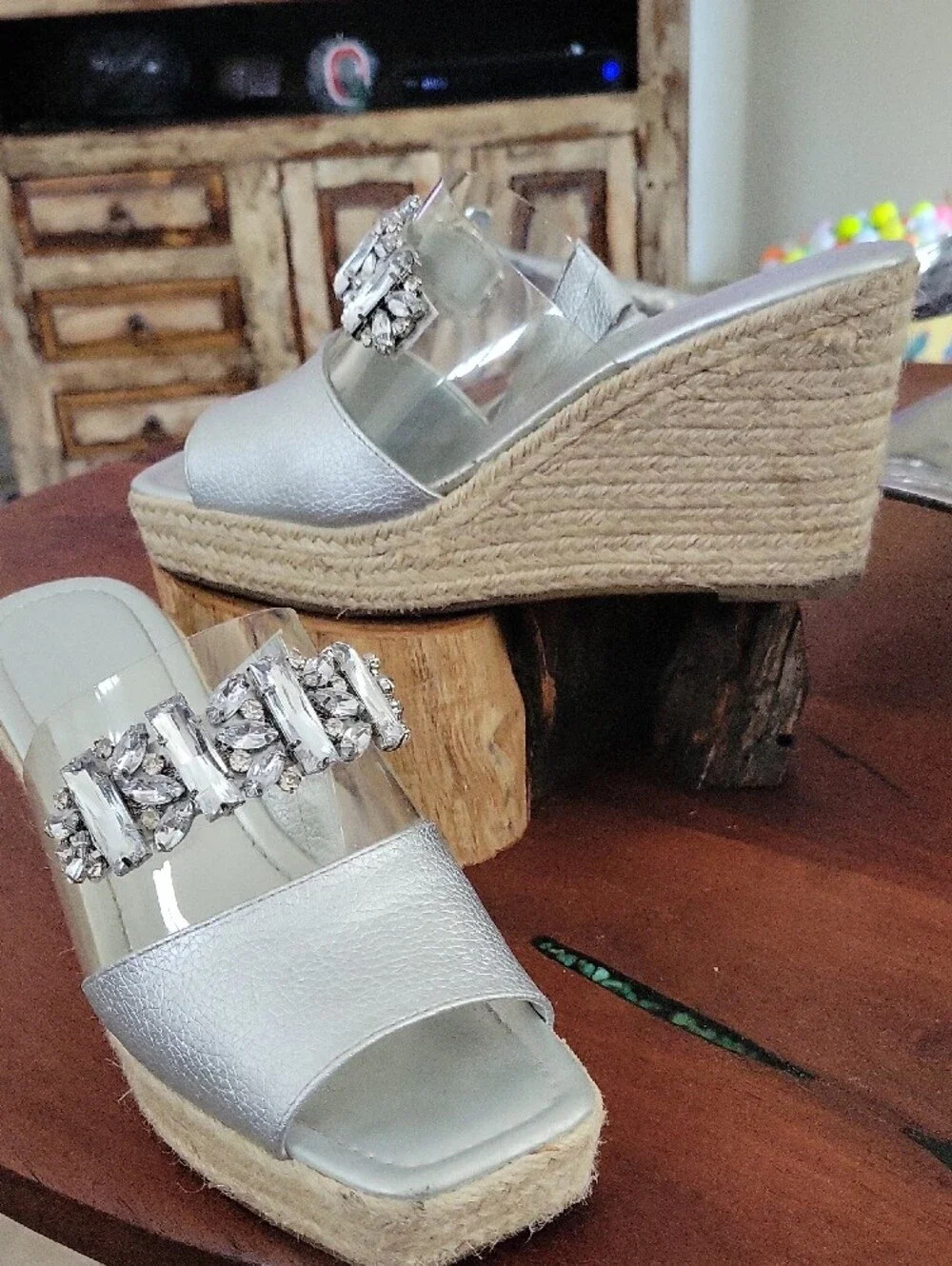Karl Lagerfeld Carlana Silver Jeweled Espadrille Wedge Mules